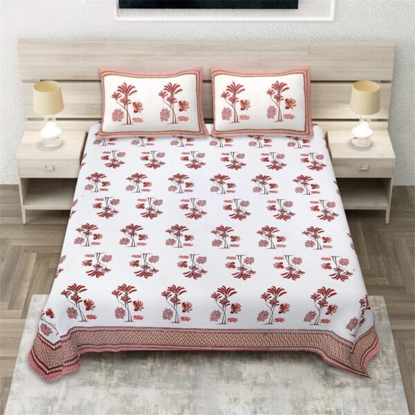 Floral Print Cotton Bedsheet Set with 2 Pillow Covers, King Size (108x108 inch), White and Red