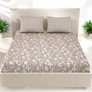 Floral Print Double Fitted Bed Sheet with 2 contrasting Pillow Covers, 72x78x12 Inches, Grey