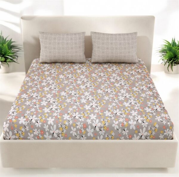 Floral Print Double Fitted Bed Sheet with 2 contrasting Pillow Covers, 72x78x12 Inches, Grey