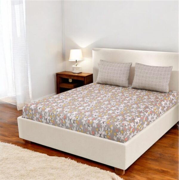 Floral Print Double Fitted Bed Sheet with 2 contrasting Pillow Covers, 72x78x12 Inches, Grey - Image 5