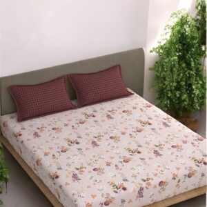 Floral Print Fitted Double Bed Sheet Set with 2 Pillow Covers, 72x78x12 Inches , Pink