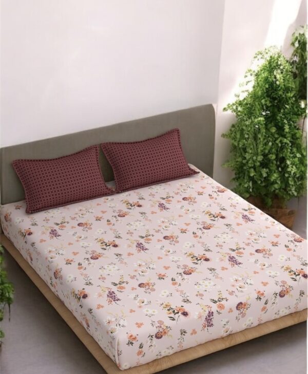 Floral Print Fitted Double Bed Sheet Set with 2 Pillow Covers, 72x78x12 Inches , Pink