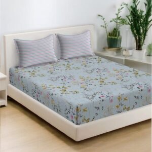 Floral Print Fitted Double Bed Sheet Set with 2 Pillow Covers, 72x78x12 Inches , Blue