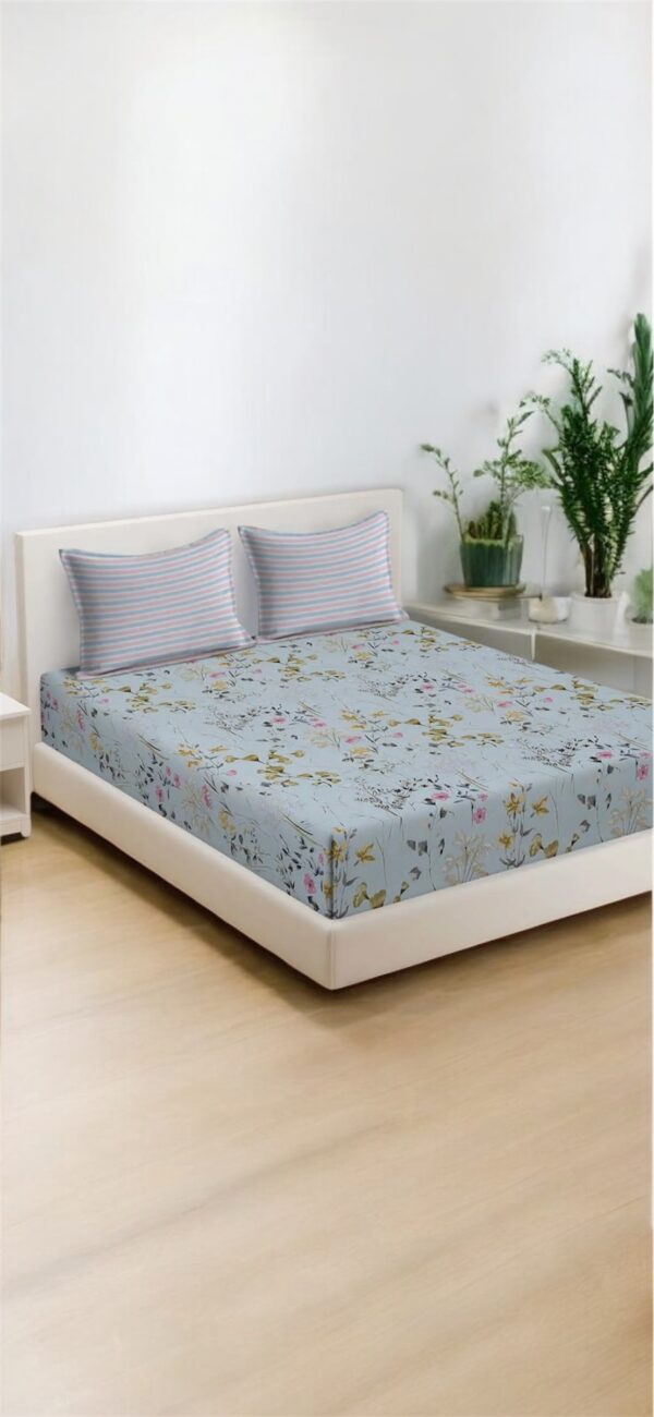 Floral Print Fitted Double Bed Sheet Set with 2 Pillow Covers, 72x78x12 Inches , Blue