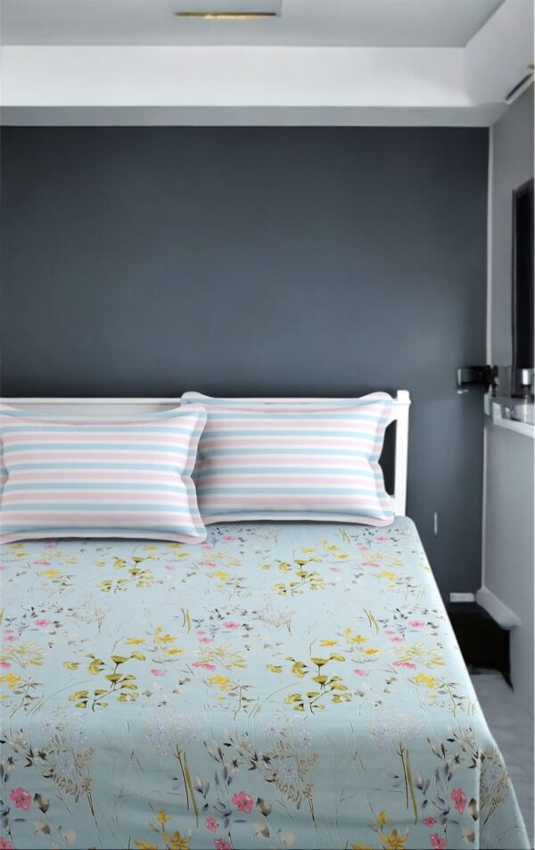 Floral Print Fitted Double Bed Sheet Set with 2 Pillow Covers, 72x78x12 Inches , Blue - Image 3