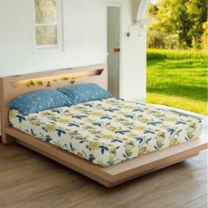 Floral Print Fitted Double Bed Sheet Set with 2 Pillow Covers, 72x78x12 Inches, Cream Colour