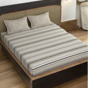 Striped Double Bed Fitted Sheet Set with 2 Floral Pillow Covers, 72x78x12 Inches, Beige