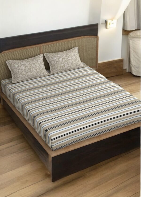 Striped Double Bed Fitted Sheet Set with 2 Floral Pillow Covers, 72x78x12 Inches, Beige