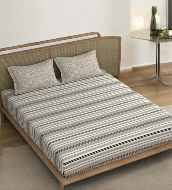Striped Double Bed Fitted Sheet Set with 2 Floral Pillow Covers, 72x78x12 Inches, Beige - Image 4