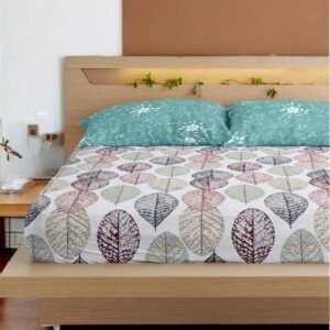 Leaf Print Fitted Double Bed Sheet Set with 2 Pillow Covers, 72x78x12 Inches