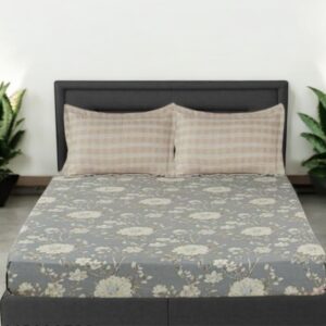 Grey Floral Printed Fitted Double Bed Sheet Set with 2 Pillow Covers, 72x78x12 Inches