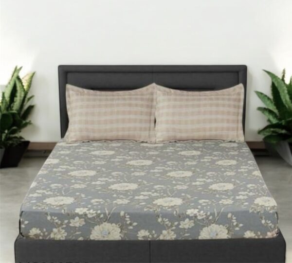 Grey Floral Printed Fitted Double Bed Sheet Set with 2 Pillow Covers, 72x78x12 Inches
