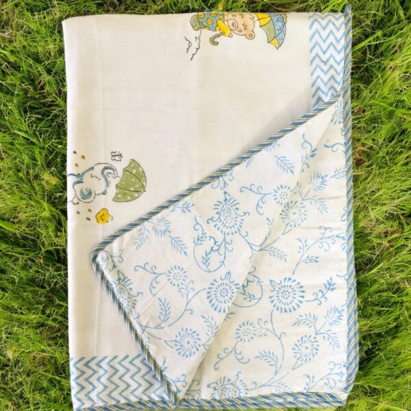Baby Dohar Blanket, 60x90 Inch, Malmal Cotton, Bear Umbrella Print with Blue Chevron Border - Image 4