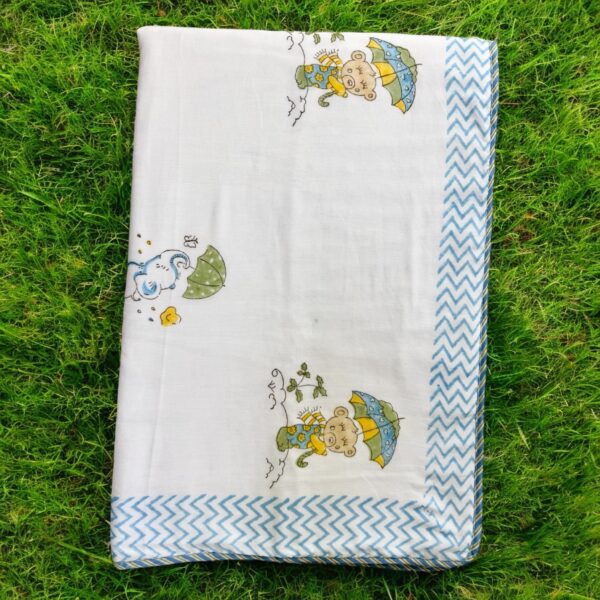 Baby Dohar Blanket, 60x90 Inch, Malmal Cotton, Bear Umbrella Print with Blue Chevron Border - Image 3