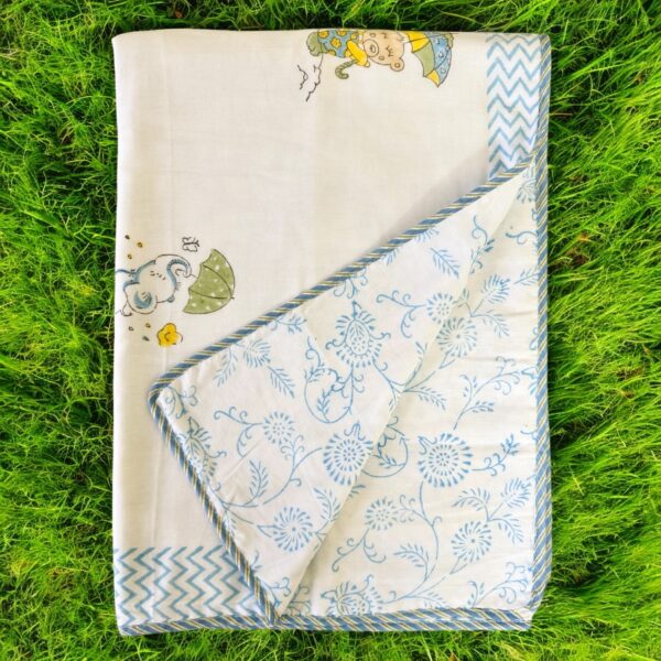 Baby Dohar Blanket, 60x90 Inch, Malmal Cotton, Bear Umbrella Print with Blue Chevron Border - Image 2