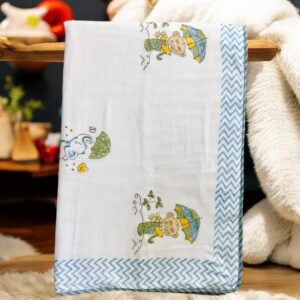 Baby Dohar Blanket, 60x90 Inch, Malmal Cotton, Bear Umbrella Print with Blue Chevron Border