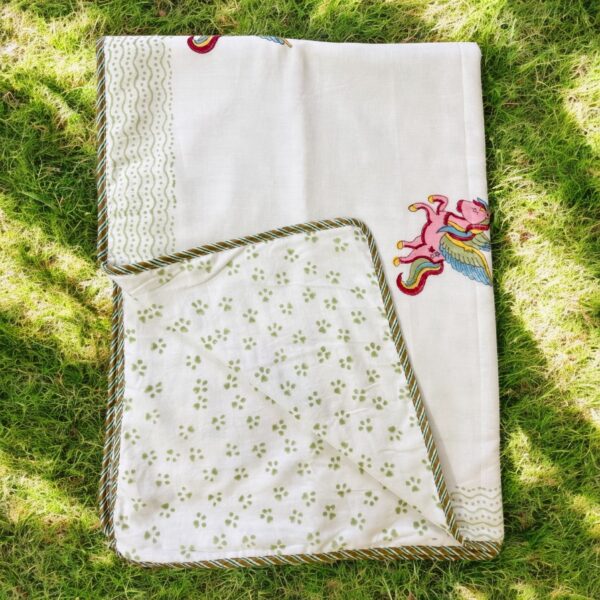 Malmal Cotton Baby Dohar Blanket, 60x90 Inches, White with Pink Unicorn Print and Sage Border - Image 3