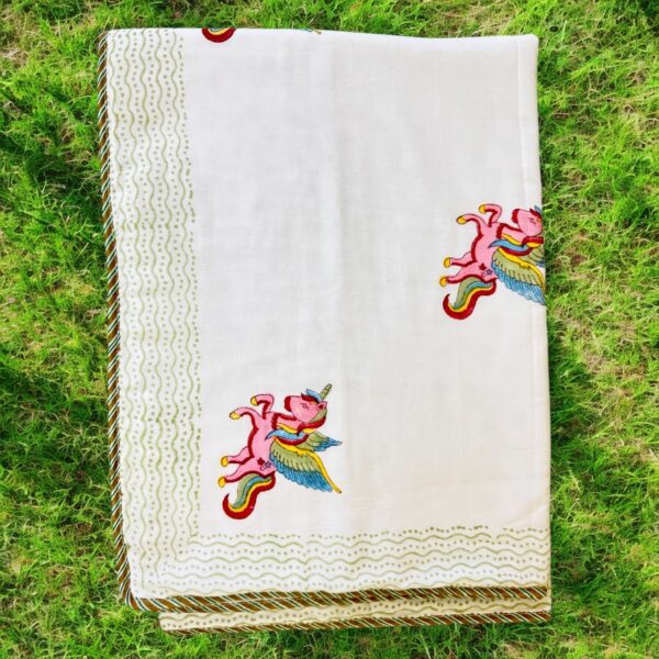 Malmal Cotton Baby Dohar Blanket, 60x90 Inches, White with Pink Unicorn Print and Sage Border - Image 2