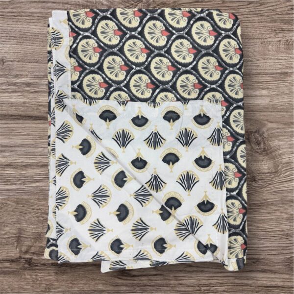 Cotton Reversible Dohar Set, 90x60 Inches, Art Deco Floral & Geometric Fan Pattern, Black-Cream-Gold, Pack of 2 - Image 2