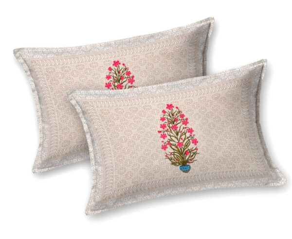 Jaipuri King Size Cotton Bedsheet with Blossom Ethnic Prints, 108 x 108 inches, Beige & Pink - Image 3