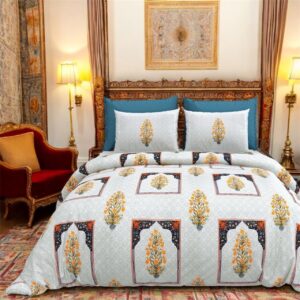 Jaipuri King Size Cotton Bedsheet with Blossom Ethnic Prints, 108 x 108 inches, Grey & Pink