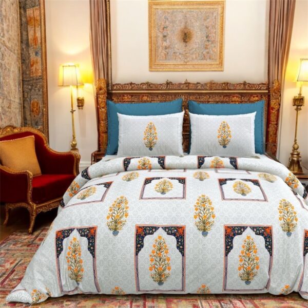 Jaipuri King Size Cotton Bedsheet with Blossom Ethnic Prints, 108 x 108 inches, Grey & Pink
