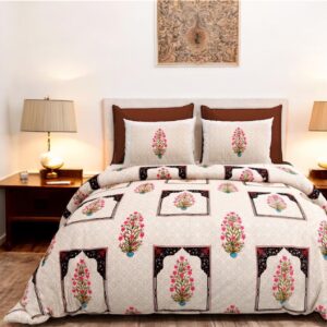 Jaipuri King Size Cotton Bedsheet with Blossom Ethnic Prints, 108 x 108 inches, Beige & Pink