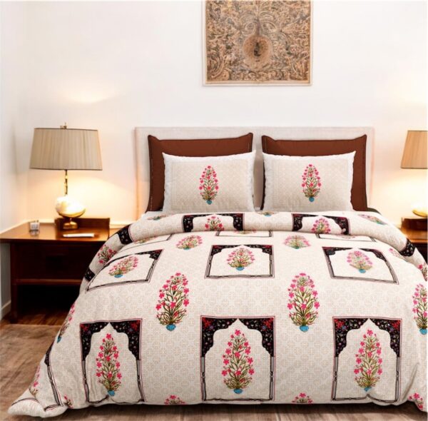 Jaipuri King Size Cotton Bedsheet with Blossom Ethnic Prints, 108 x 108 inches, Beige & Pink