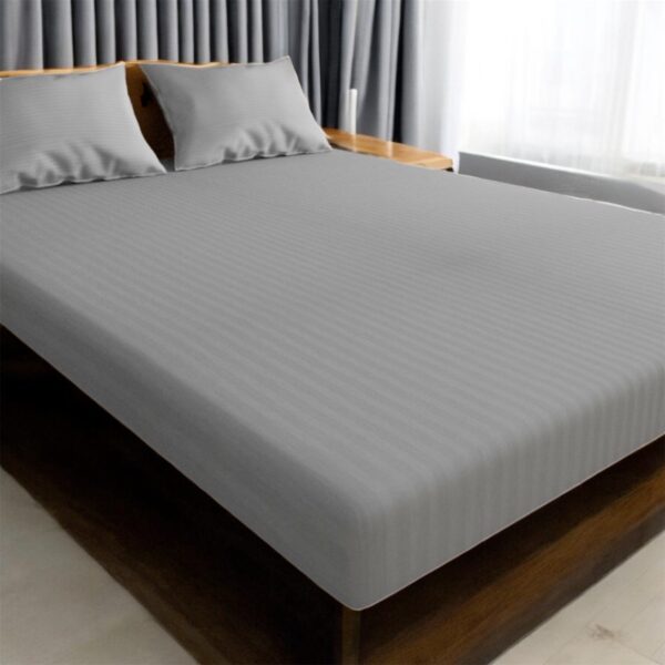 Satin Stripe Polycotton Double Bedsheet with Pillowcases, 90x100 inches, Light Grey