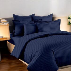 Satin Stripe Polycotton Double Bedsheet with Pillowcases, 90x100 inches, Navy Blue