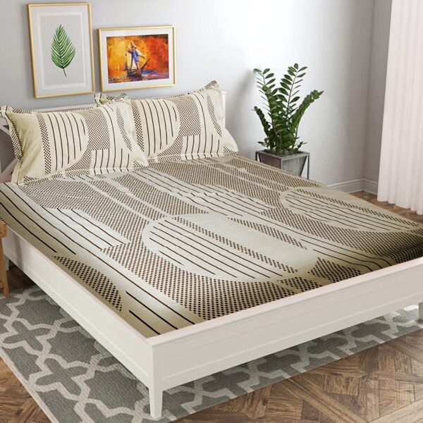 Double Bed Fitted Glace Cotton Bedsheet with 2 Pillow Covers, Modern Print, 72x78x6 Inches - Image 5