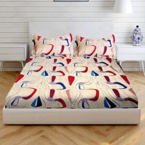 Double Bed Fitted Glace Cotton Bedsheet with 2 Pillow Covers, Abstract Pattern, 72x78x6 Inches