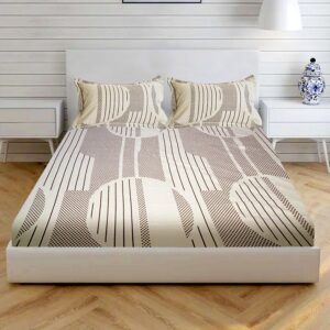 Double Bed Fitted Glace Cotton Bedsheet with 2 Pillow Covers, Modern Print, 72x78x6 Inches