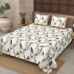 Pure Cotton Bird Print Double Bed Bedsheet Set, 93x108, with 2 Pillow Covers- Brown