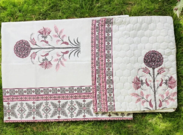 Premium Cotton Double Bedsheet Set with Quilted Pillows, White with Rajasthani Floral Print, Traditional Style, (90x100) - Image 2