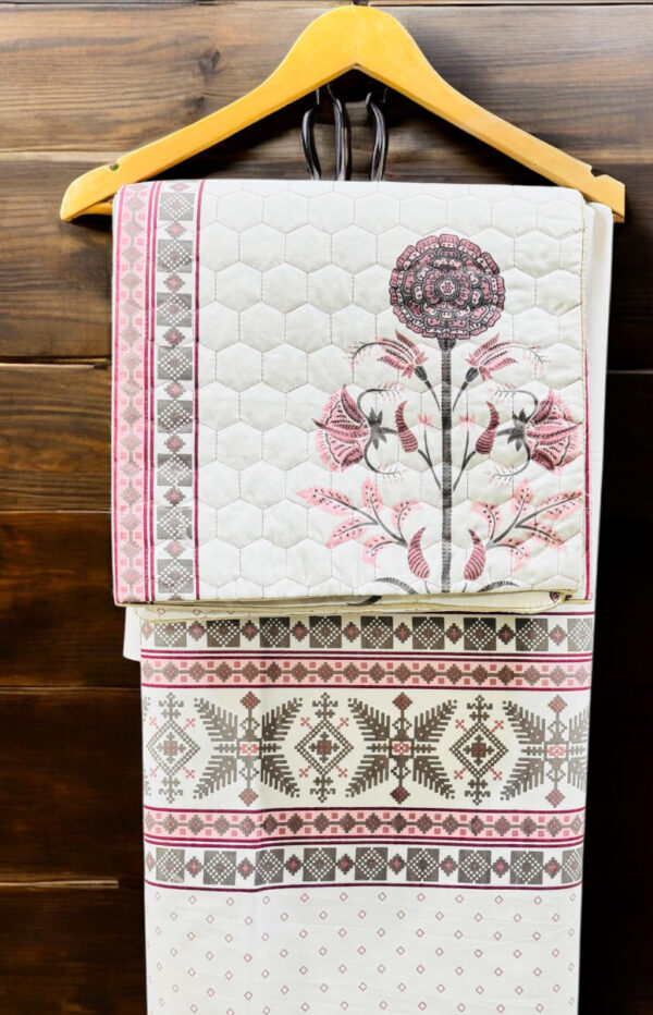 Premium Cotton Double Bedsheet Set with Quilted Pillows, White with Rajasthani Floral Print, Traditional Style, (90x100)