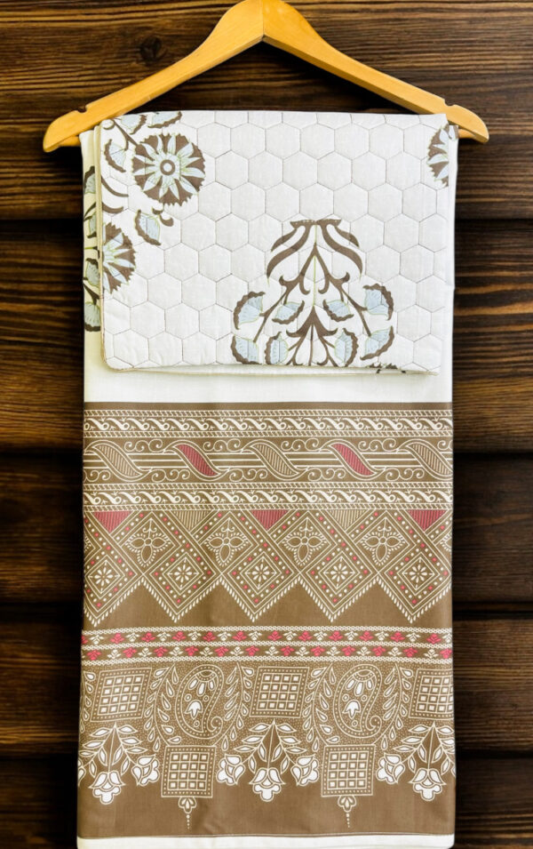 Cotton Double Bedsheet Set, White with Brown Traditional Rajasthani Print, Pure Cotton, (90x100), Quilted Pillowcases
