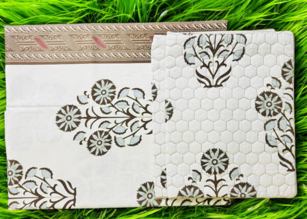 Cotton Double Bedsheet Set, White with Brown Traditional Rajasthani Print, Pure Cotton, (90x100), Quilted Pillowcases - Image 2