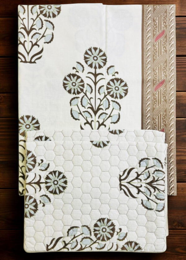 Cotton Double Bedsheet Set, White with Brown Traditional Rajasthani Print, Pure Cotton, (90x100), Quilted Pillowcases - Image 4