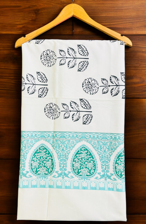 Traditional Block Print Cotton Double Bedsheet Set, White with Turquoise Border, Floral Pattern (90x100) - Image 4