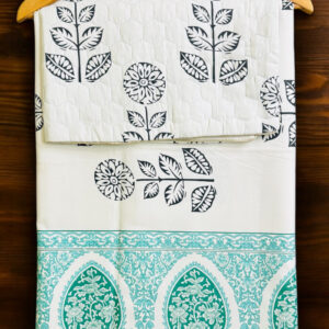 Traditional Block Print Cotton Double Bedsheet Set, White with Turquoise Border, Floral Pattern (90x100)