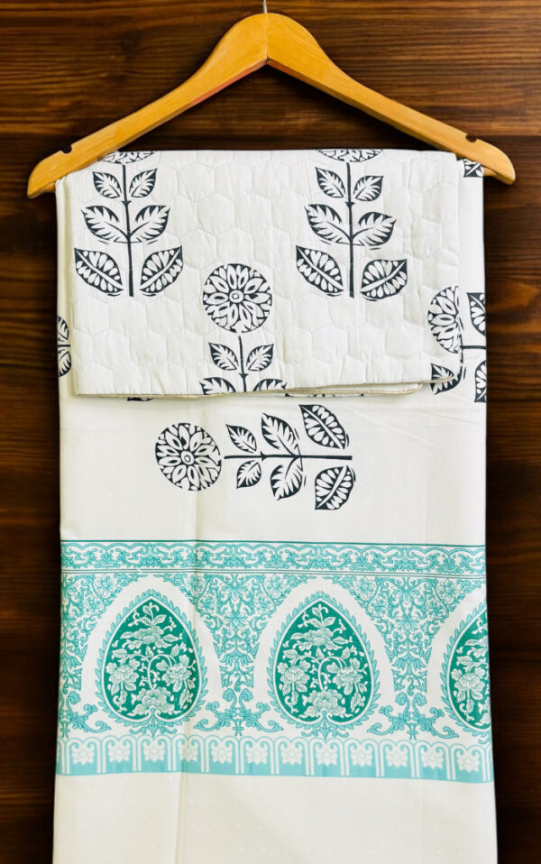 Traditional Block Print Cotton Double Bedsheet Set, White with Turquoise Border, Floral Pattern (90x100)