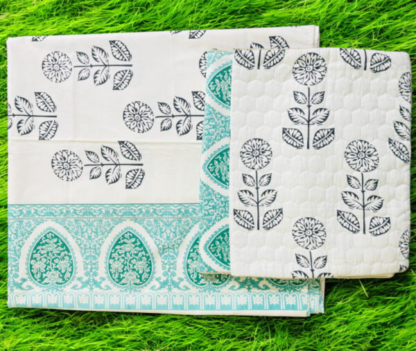 Traditional Block Print Cotton Double Bedsheet Set, White with Turquoise Border, Floral Pattern (90x100) - Image 5
