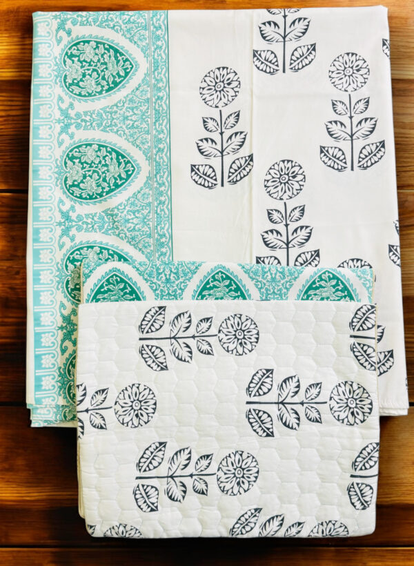 Traditional Block Print Cotton Double Bedsheet Set, White with Turquoise Border, Floral Pattern (90x100) - Image 3
