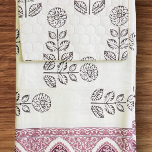 Double Bedsheet Set, White with Pink Traditional Rajasthani Block Print, Pure Cotton, Quilted Pillowcases, (90x100)