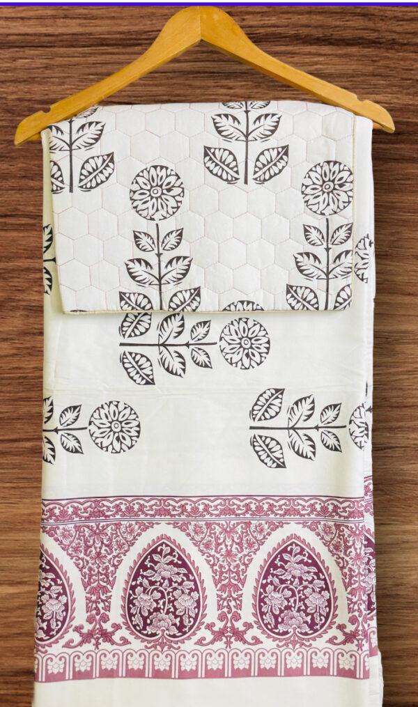 Double Bedsheet Set, White with Pink Traditional Rajasthani Block Print, Pure Cotton, Quilted Pillowcases, (90x100)