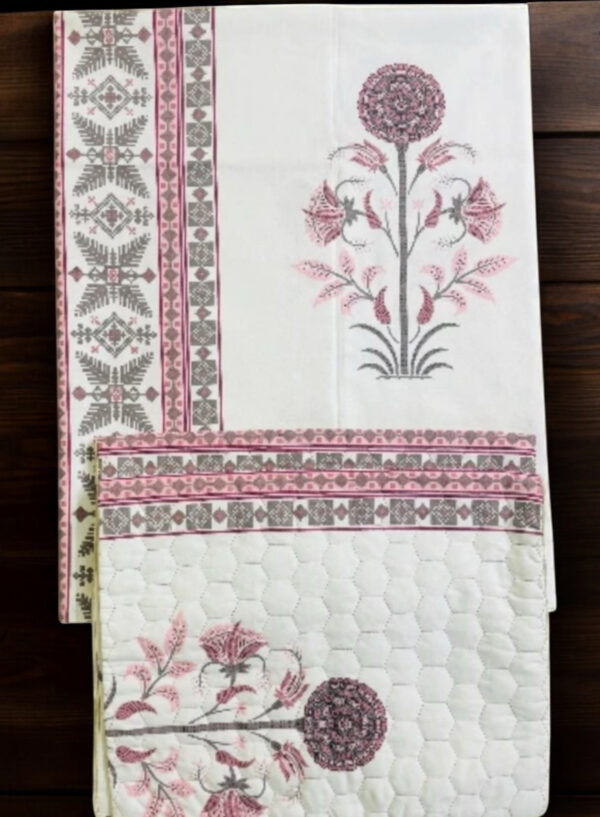 Double Bedsheet Set, White with Pink Traditional Rajasthani Block Print, Pure Cotton, Quilted Pillowcases, (90x100) - Image 3