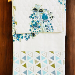 Double Bedsheet Set, White with Blue Traditional Rajasthani Block Print, Pure Cotton, Quilted Pillowcases (90x100)
