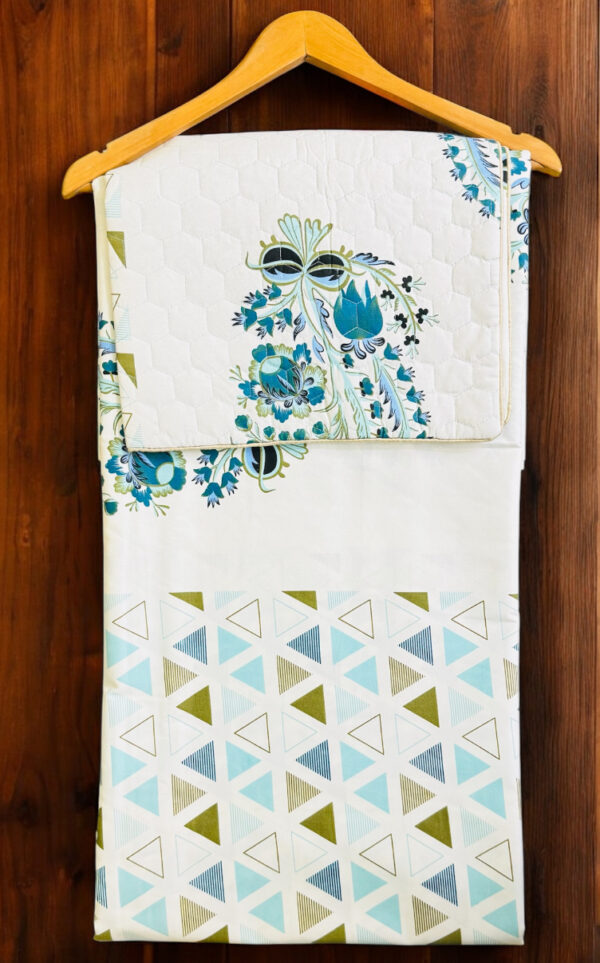 Double Bedsheet Set, White with Blue Traditional Rajasthani Block Print, Pure Cotton, Quilted Pillowcases (90x100)