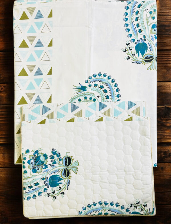 Double Bedsheet Set, White with Blue Traditional Rajasthani Block Print, Pure Cotton, Quilted Pillowcases (90x100) - Image 4